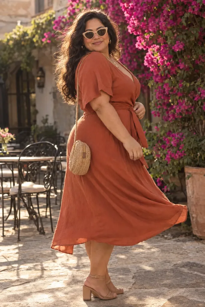  Plus size woman in a terracotta wrap midi dress at a café, apple shape summer brunch outfit