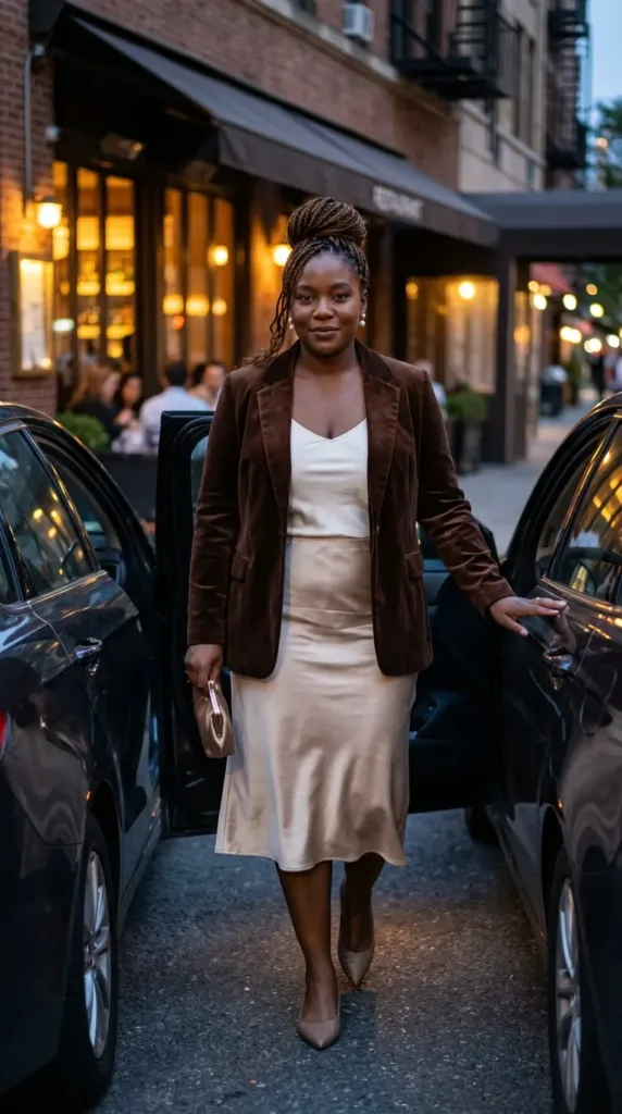 Woman in chocolate velvet blazer and champagne satin midi skirt for an old money autumn dinner look