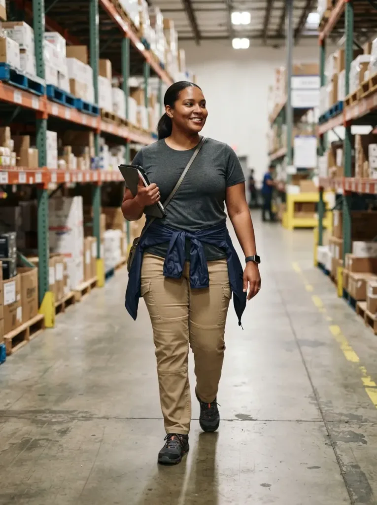 Plus size warehouse work outfit with breathable layers for spring temperature swings