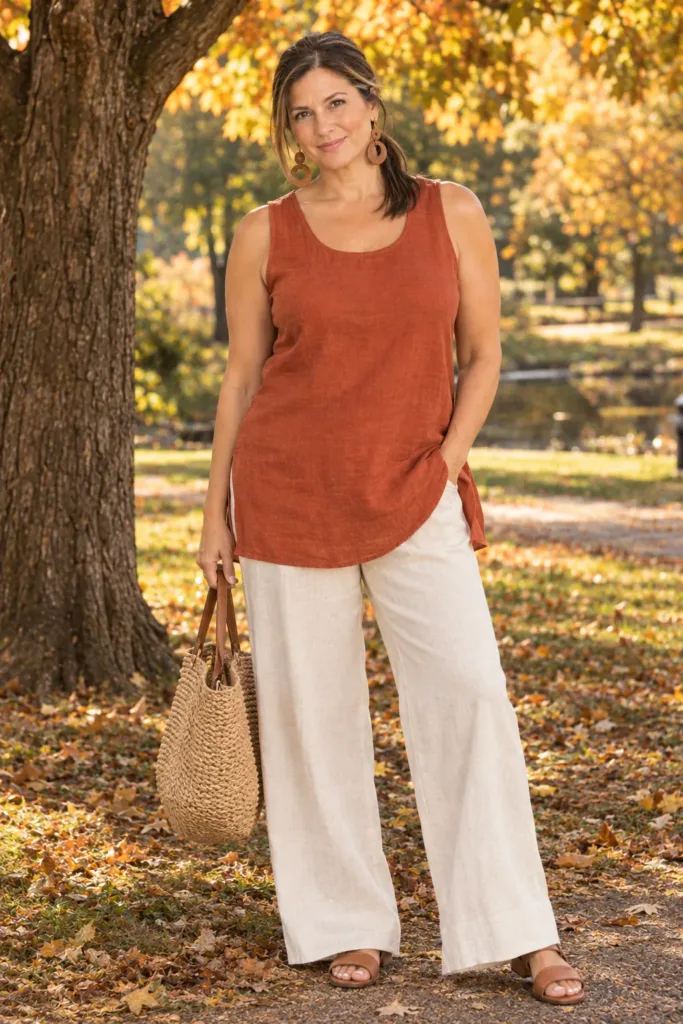 10 Fall Outfits That Flatter a Tummy Over 50 and Easy Styling Ideas for Women 11 all curvy woman over 50 in terracotta tank