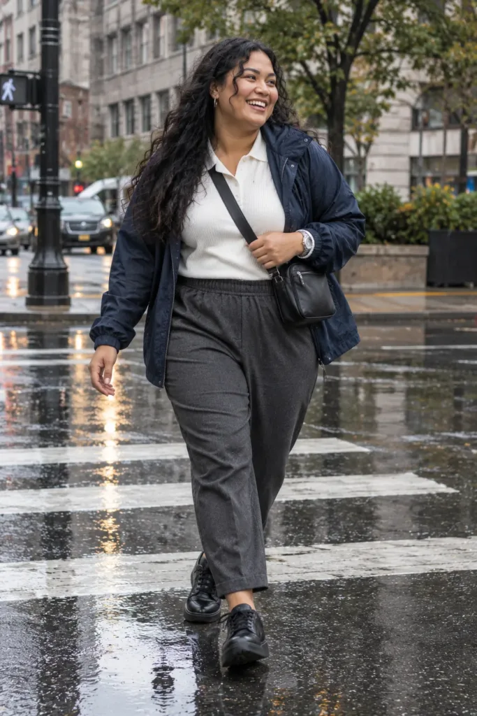 Curvy woman in gray tapered trousers and navy rain jacket crossing a wet street on her rainy commute