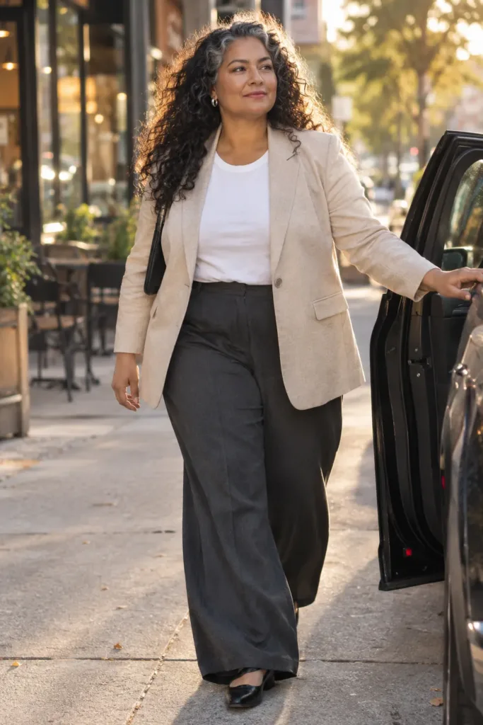 7 Brilliant Fashion Tips for Women Over 50 From a Real Stylist 4 Woman over 50 in an oatmeal blazer and wide-leg trousers on a city sidewalk