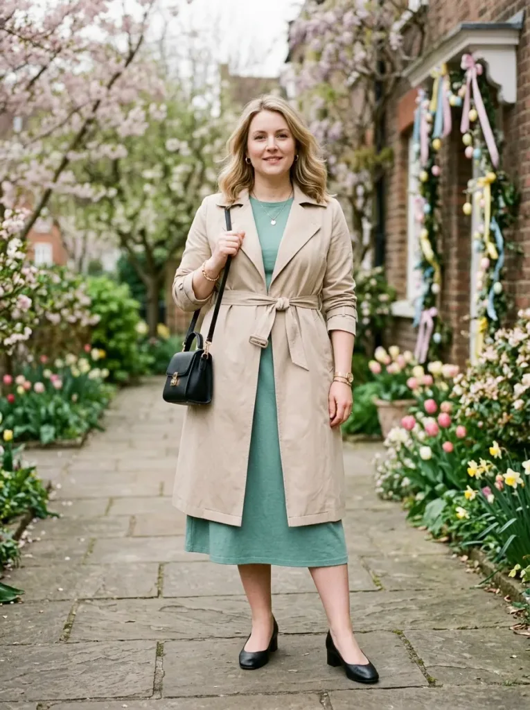 Plus size Easter dress with trench coat for unpredictable spring weather