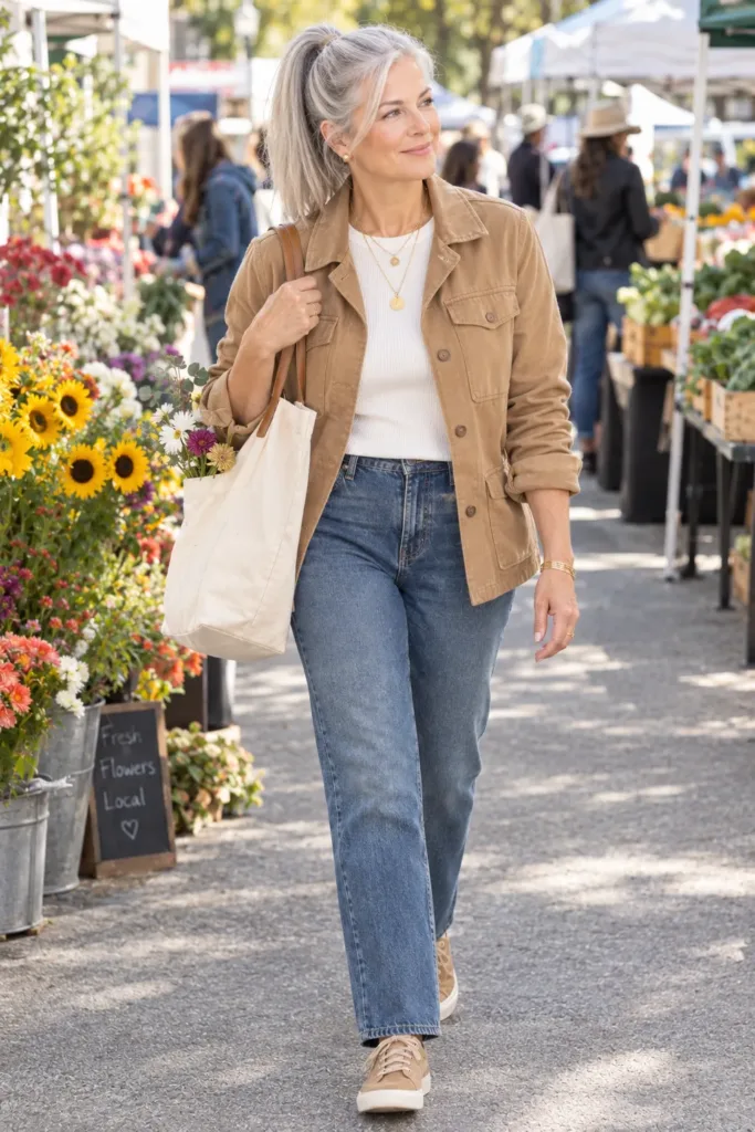 Camel utility jacket outfit