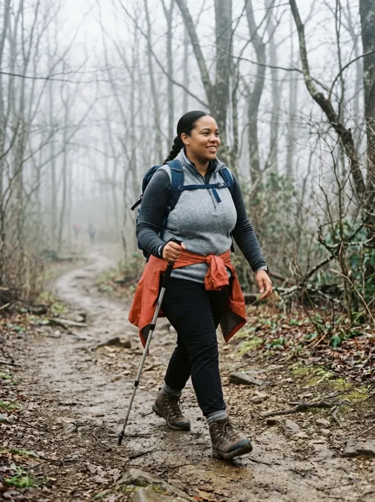 Plus size layered hiking outfit for a cold spring trail day