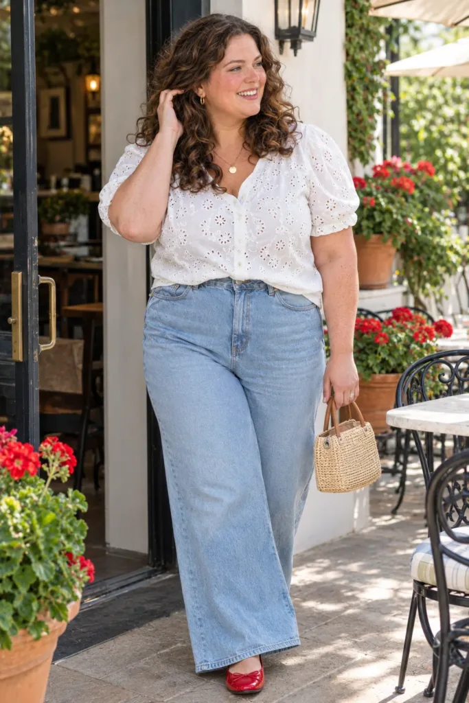 Plus size woman in a white eyelet blouse and wide-leg jeans at a Memorial Day brunch