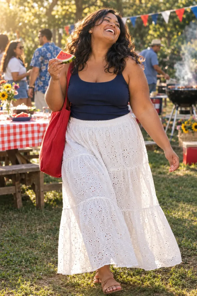 Plus size white eyelet maxi skirt with navy tank at a summer backyard barbecue