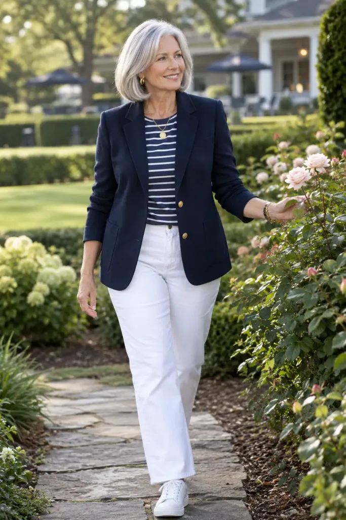 Woman over 50 in white jeans and navy blazer