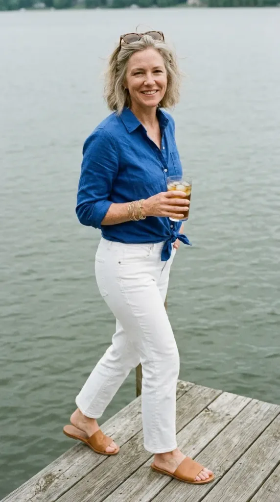 Woman in white jeans and cobalt blue button-down shirt on a dock for a Memorial Day picnic