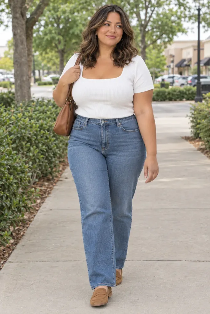 10 Plus Size Classy Summer Outfits for Curvy Women 6 Plus size classy summer outfit with white knit tee, straight-leg jeans, and tan suede loafers