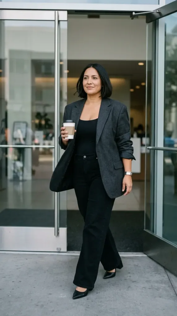 Woman wearing wide-leg black jeans, bodysuit and gray blazer outside an office building