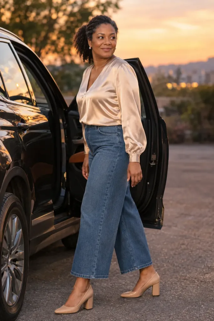Elegant woman over 50 in wide-leg jeans