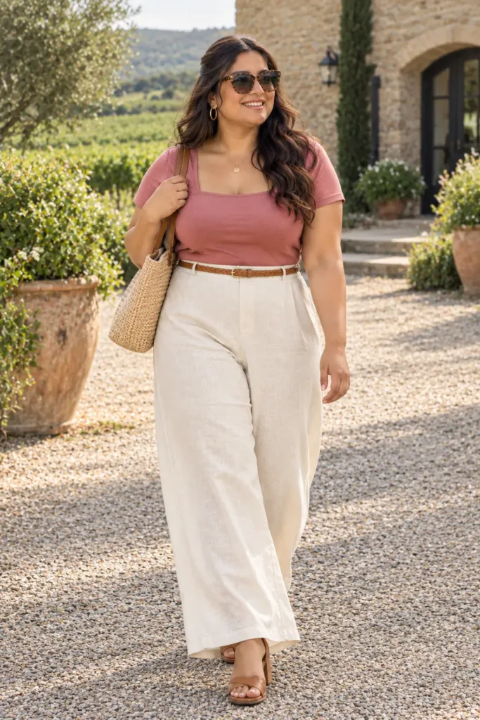 Curvy woman in cream linen pants and block heels, a practical winery outfit for gravel paths