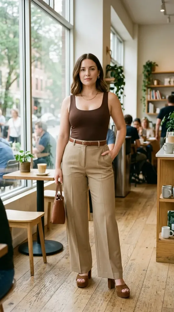 Curvy petite woman in khaki wide-leg trousers, brown bodysuit, and platform sandals in a bright coffee shop