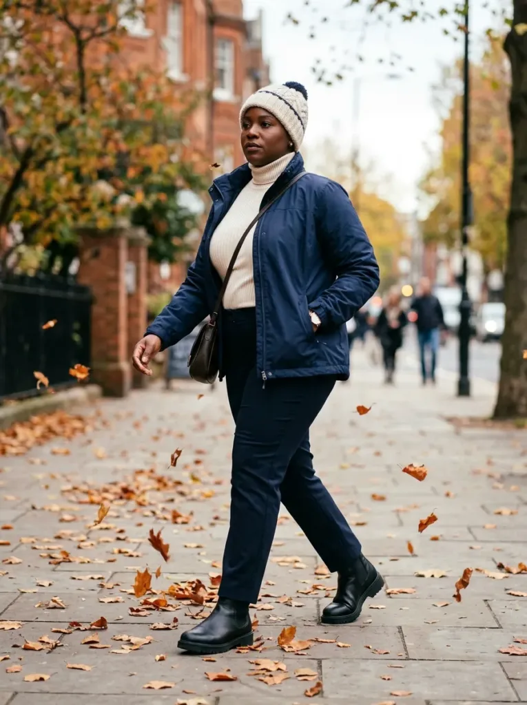 Plus size windproof jacket outfit for a windy cold spring day