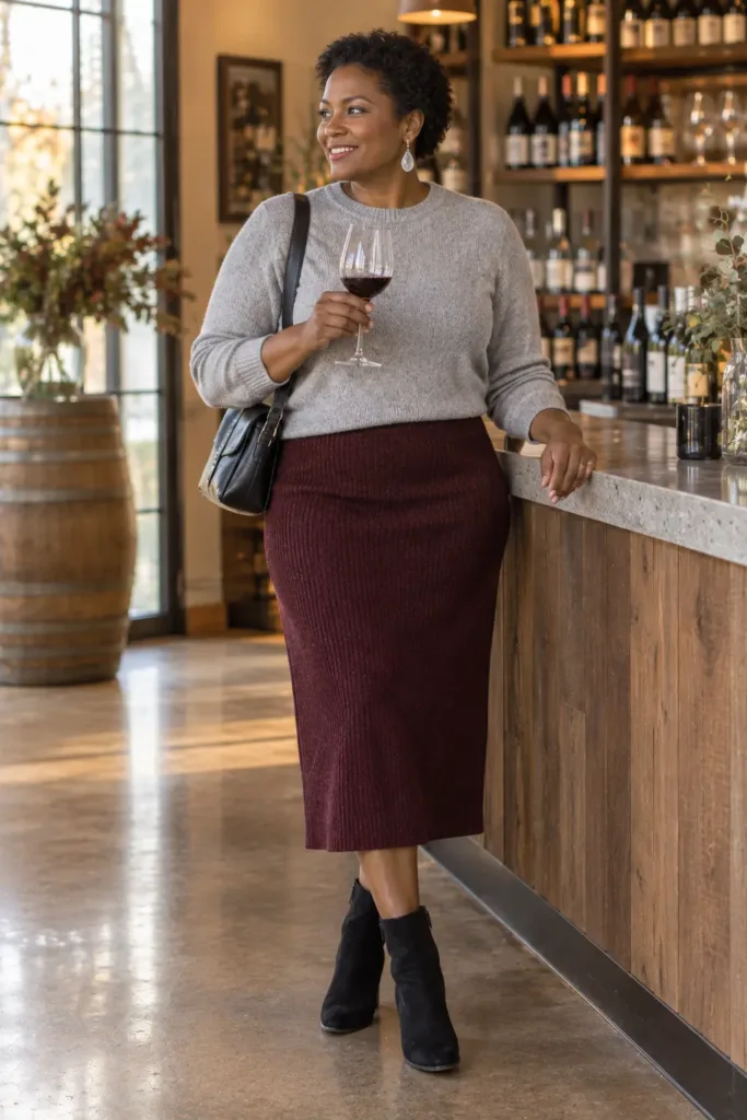 Fall 2026 Fashion Trends for Women Over 50 to Wear Right Now 9 Burgundy midi skirt