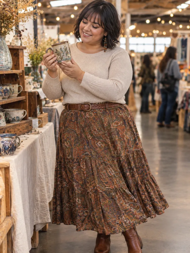 10 Boho Autumn Outfits Women Will Actually Wear 7 Woman in oatmeal ribbed sweater and paisley tiered midi skirt, boho fall look