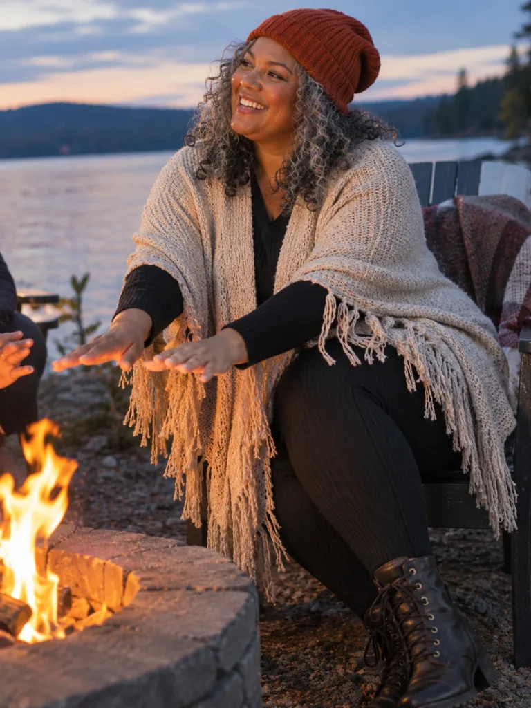 10 Boho Autumn Outfits Women Will Actually Wear 11 Woman in fringe knit poncho, leggings and boots by a bonfire, boho autumn outfit