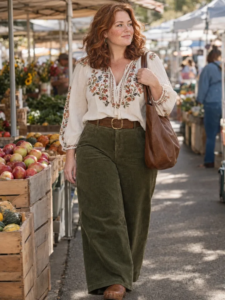 10 Boho Autumn Outfits Women Will Actually Wear 3 Woman in olive corduroy wide-leg pants and peasant blouse at a farmers market