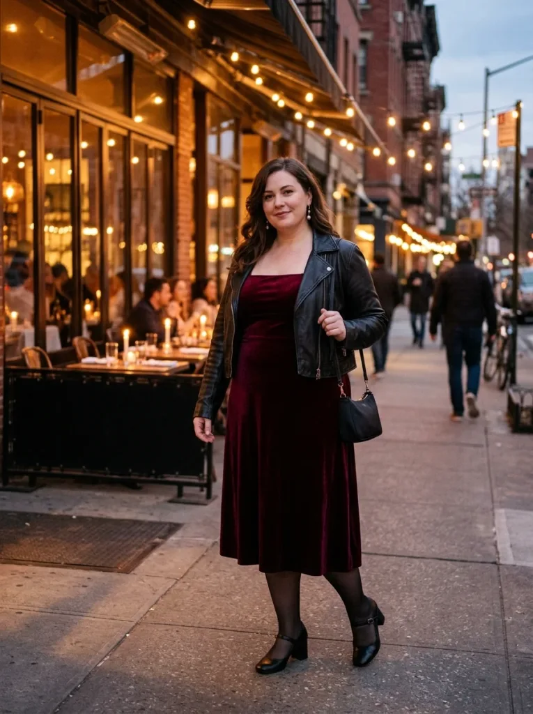 10 Fall Outfits for Apron Belly That Feel Comfortable 10 Burgundy velvet empire-waist dress with moto jacket and Mary Janes, a romantic fall date night outfit
