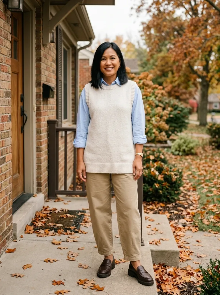 10 Fall Outfits for Apron Belly That Feel Comfortable 11 Cream sweater vest over blue button-down with khaki chinos, a polished preppy fall outfit for curvy women