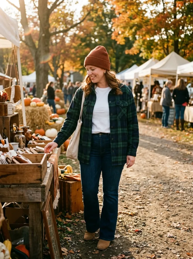 10 Fall Outfits for Apron Belly That Feel Comfortable 8 Plaid flannel shacket with white tee and bootcut jeans, a budget fall outfit for curvy women