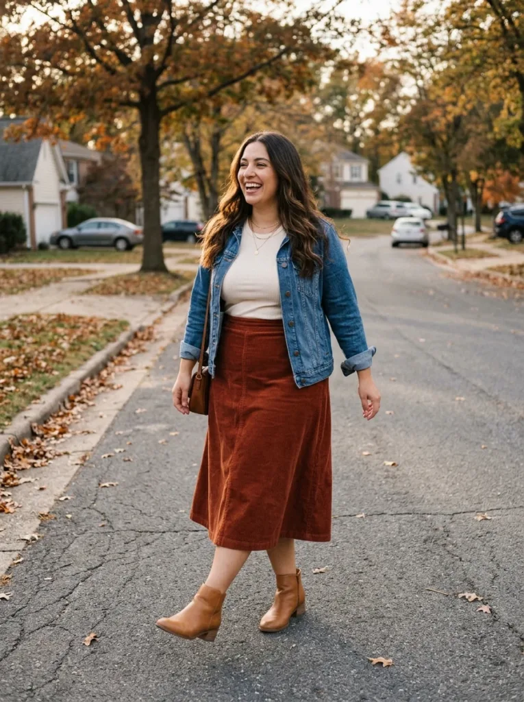 10 Fall Outfits for Apron Belly That Feel Comfortable 3 Rust corduroy A-line midi skirt with denim jacket and ankle boots for curvy women in fall