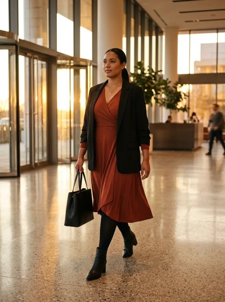 10 Fall Outfits for Apron Belly That Feel Comfortable 6 Rust jersey wrap dress with black blazer and boots, a work-to-dinner fall outfit for curvy women