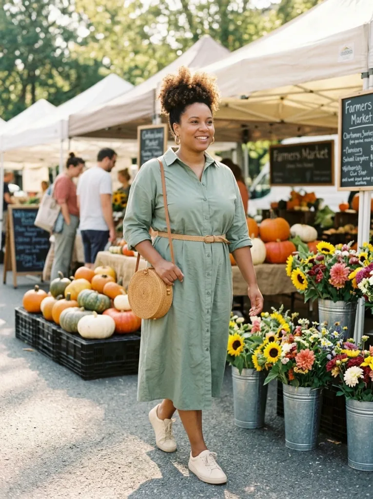 10 Fall Outfits for Apron Belly That Feel Comfortable 2 Sage green poplin shirt dress with tan belt and sneakers, an easy fall outfit for apron belly