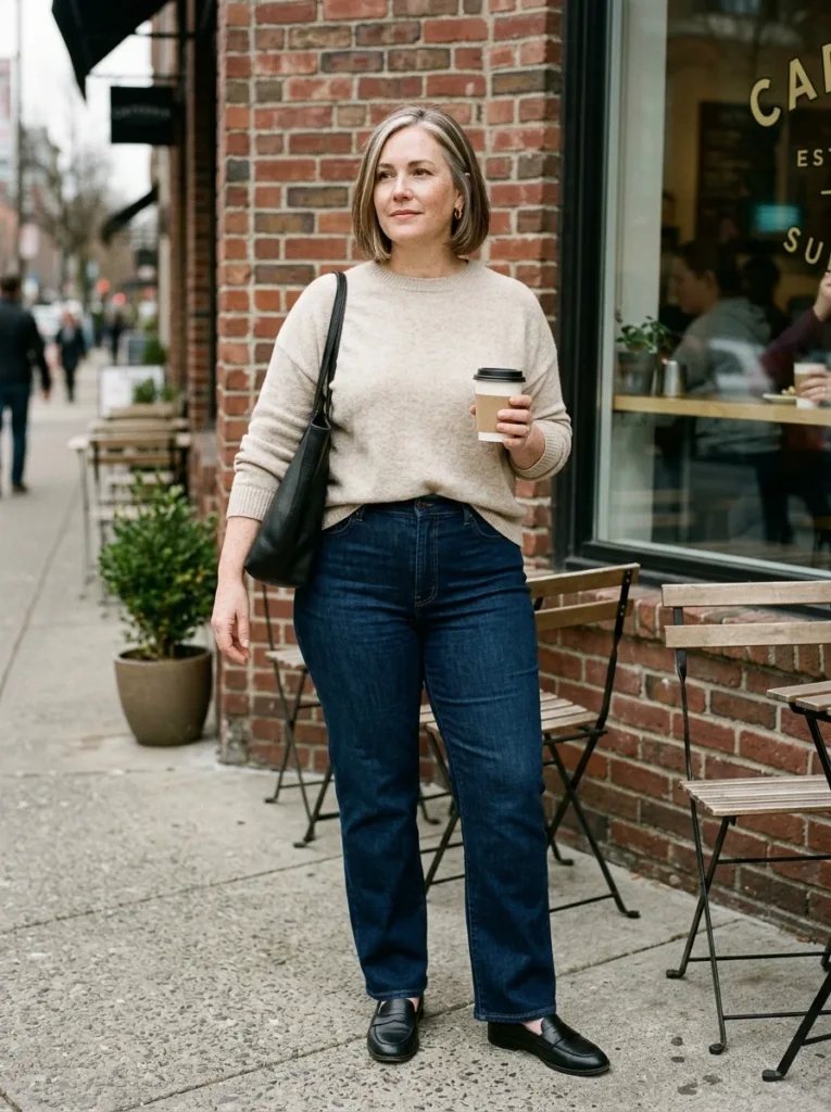 10 Fall Outfits for Apron Belly That Feel Comfortable 4 Oatmeal merino sweater with dark straight-leg jeans and loafers, a smooth fall look for plus-size women
