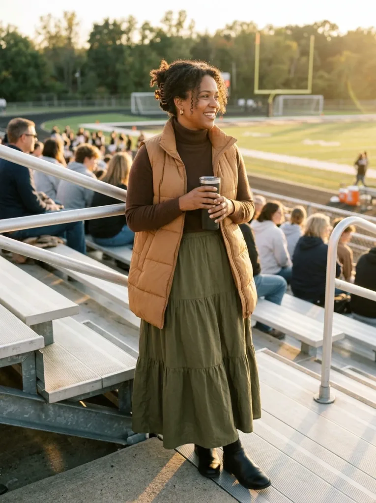 10 Fall Outfits for Apron Belly That Feel Comfortable 9 Olive tiered maxi skirt with brown turtleneck and puffer vest, a comfy fall outfit for apron belly