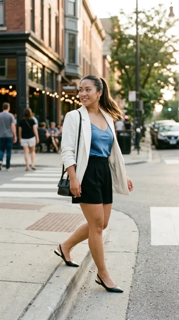 10 Chic Shorts Outfits for Late Summer 6 Athletic-curvy woman in black pleated shorts and ivory blazer, a work-to-dinner shorts outfit
