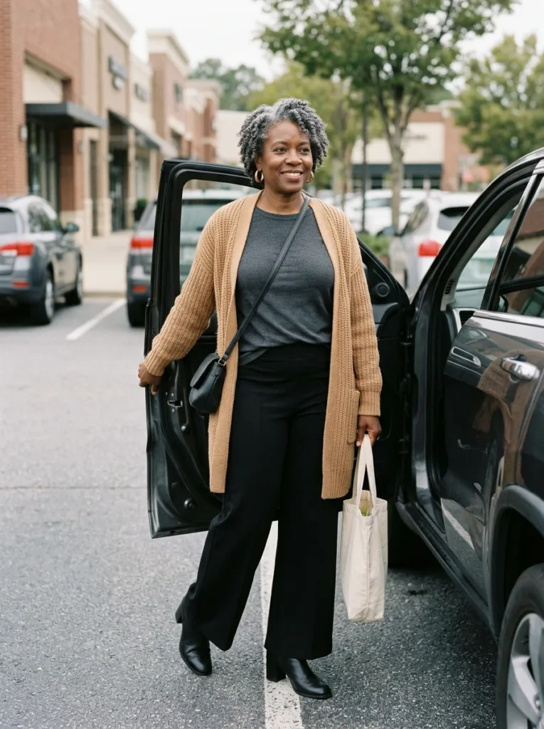 10 Fall Outfits for Apron Belly That Feel Comfortable 5 Black ponte wide-leg pants with camel cardigan and boots, a comfy fall outfit for bloat days