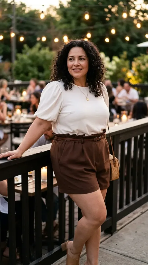 10 Chic Shorts Outfits for Late Summer 9 Plus-size woman in chocolate paperbag shorts and ivory puff-sleeve blouse for a date night