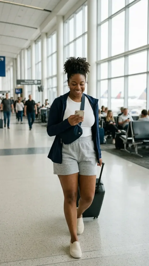 10 Chic Shorts Outfits for Late Summer 7 Petite curvy woman in gray French terry shorts and navy zip jacket at an airport, travel shorts outfit