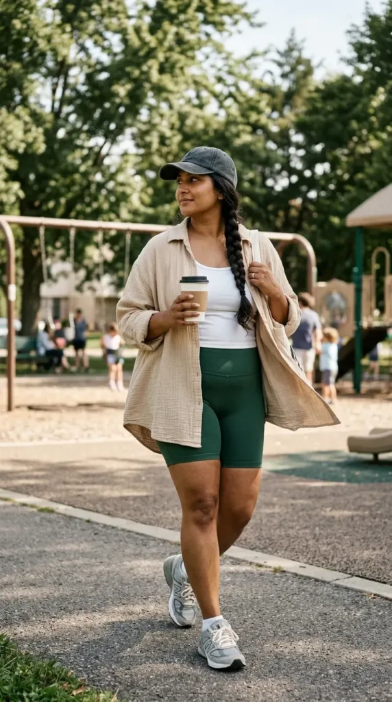 10 Chic Shorts Outfits for Late Summer 10 Midsize woman in green bike shorts and an open sand shirt, an easy errand-day shorts outfit