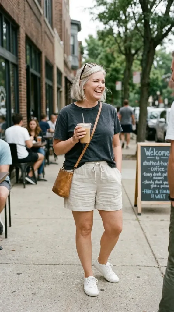 10 Chic Shorts Outfits for Late Summer 5 Woman in oatmeal linen drawstring shorts and ivory tee, a comfortable bloat-friendly shorts outfit