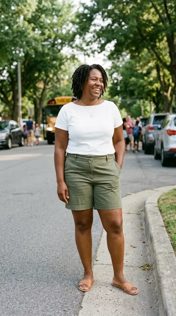 10 Chic Shorts Outfits for Late Summer 4 Plus-size woman in burgundy twill shorts and white boatneck tee on a suburban sidewalk