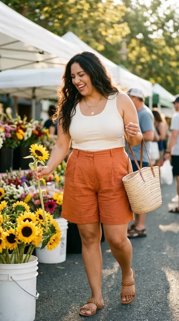 10 Chic Shorts Outfits for Late Summer 3 Curvy woman in terracotta linen pleated shorts and cream tank, a summer brunch outfit idea