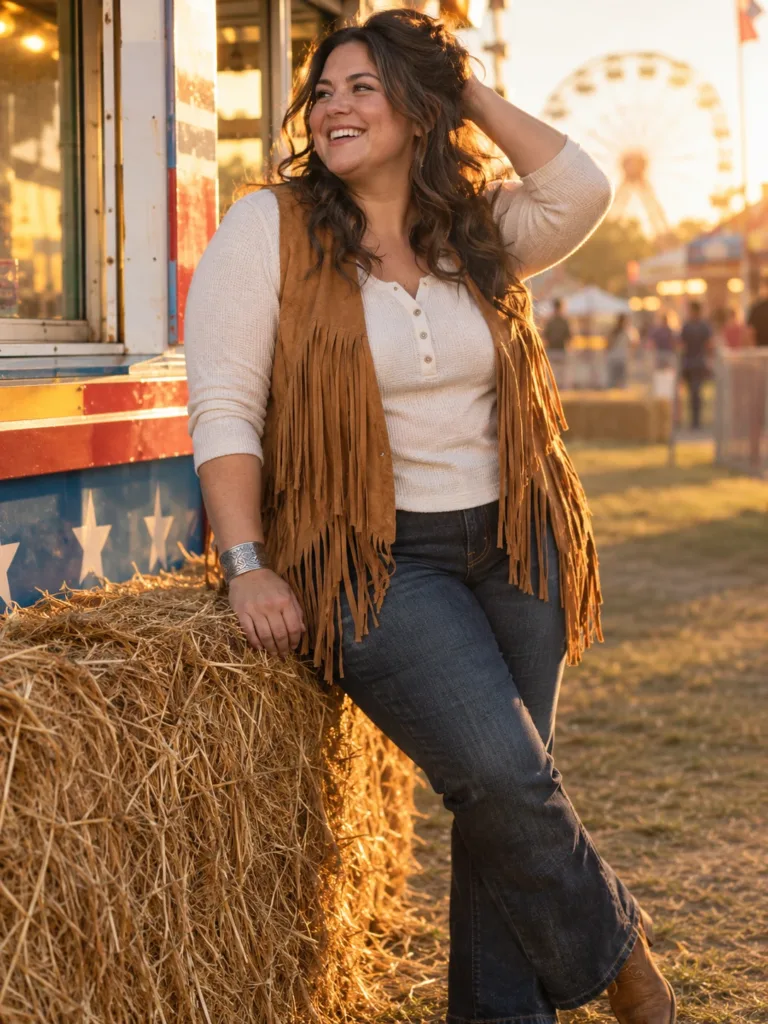 10 Boho Autumn Outfits Women Will Actually Wear 6 Woman in camel fringe vest, bootcut jeans and Western boots at a fall fair