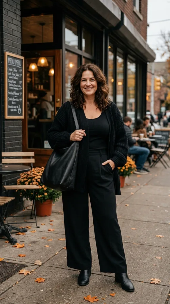 All Black 10 Outfits for Plus Size Women That Still Feel Like You 9 Woman standing outside coffee shop 20261008034829