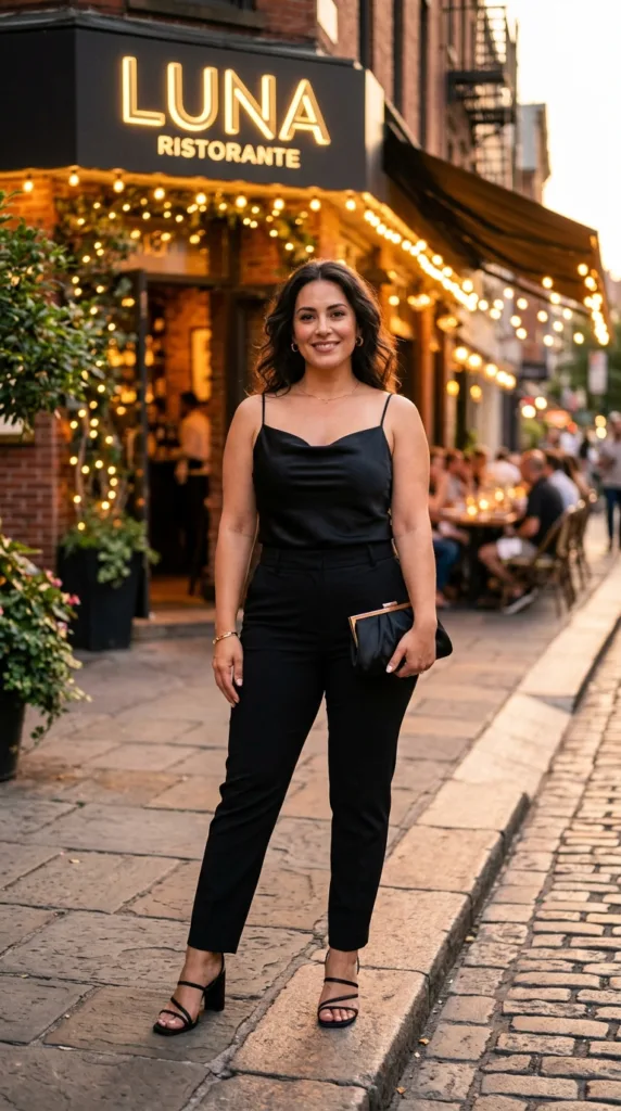 All Black 10 Outfits for Plus Size Women That Still Feel Like You 2 Woman standing outside restaurant 20261003040513