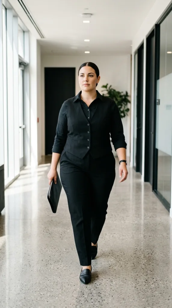 All Black 10 Outfits for Plus Size Women That Still Feel Like You 10 Woman walking in office hallway 20261008035423