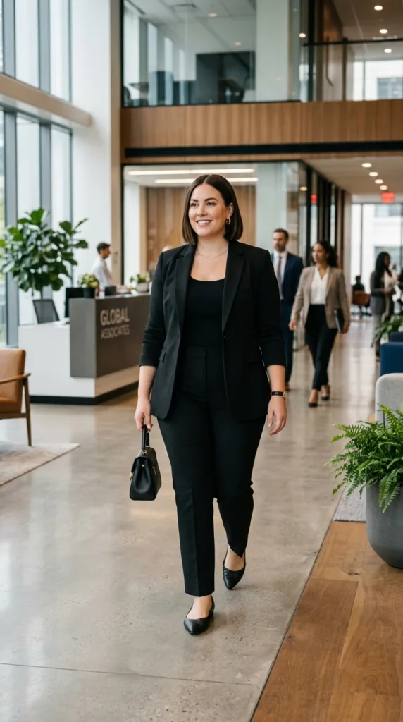 All Black 10 Outfits for Plus Size Women That Still Feel Like You 3 Woman walking in office lobby 20261003040758