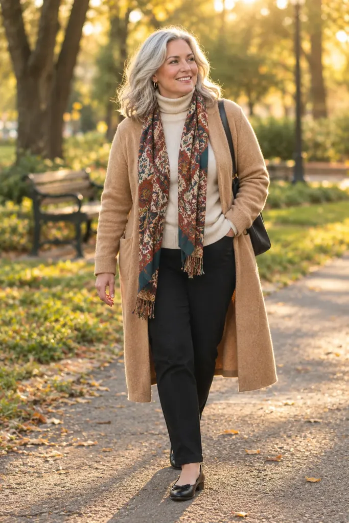 Wool duster cardigan outfit for women over 50