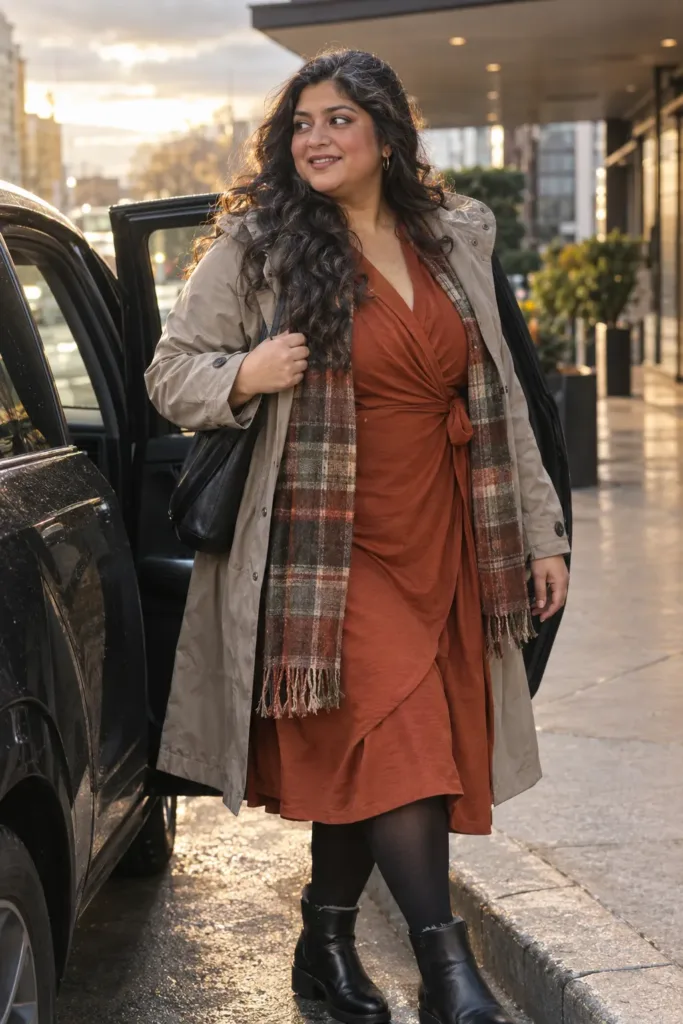 Curvy woman in rust wrap dress and stone trench stepping under an office awning on a rainy fall day