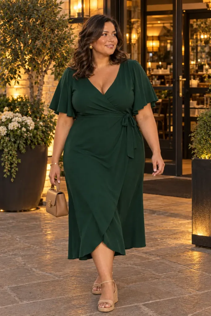 10 Plus Size Summer Going Out Outfits You'll Love 10 Emerald wrap midi dress with nude wedges, polished plus size outfit for dinner with in-laws
