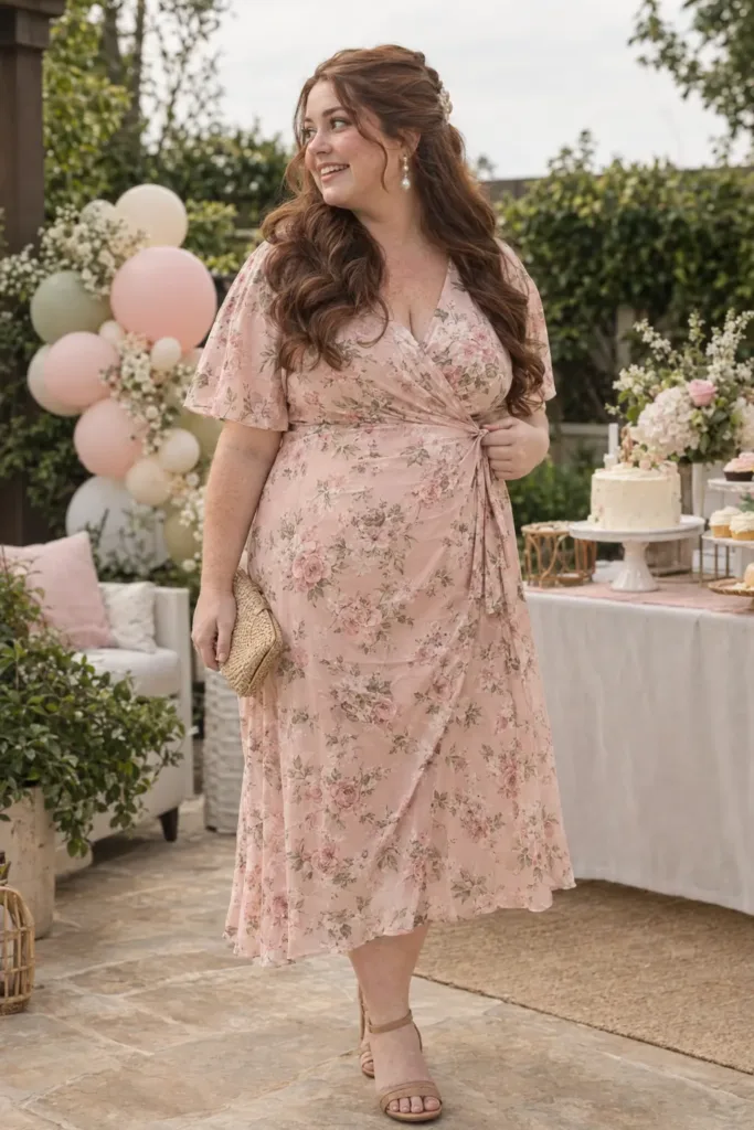Blush wrap midi dress styled for a baby shower in plus size summer pregnancy outfits