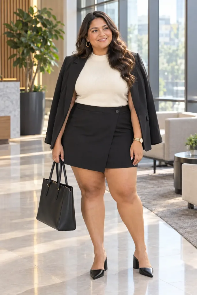 Curvy woman in a black faux-wrap mini skirt, ivory tank, and blazer in an office lobby